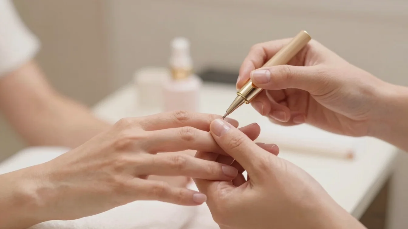 Close-up of a hand receiving a luxurious manicure, focus on the detail and care, soft diffuse daylight, muted nude and s