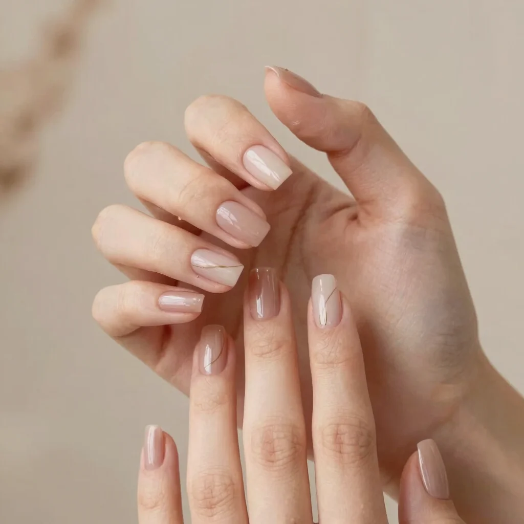 Close-up of perfectly manicured nails with a subtle design, warm