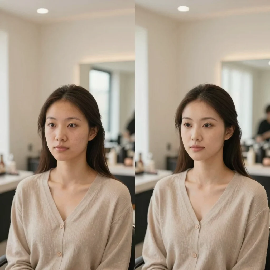 Dramatic before and after shot of a client's makeup transformatio