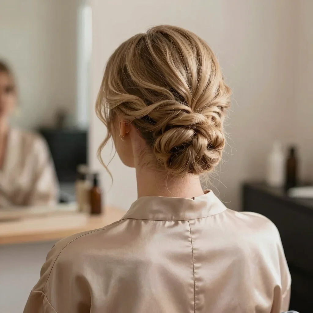 Elegant updo for an event, showing intricate details, warm editor