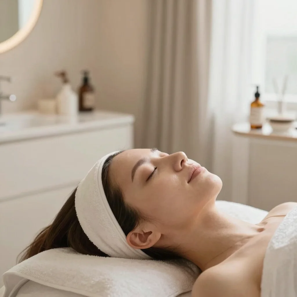 Client's glowing skin after a facial treatment, serene expression