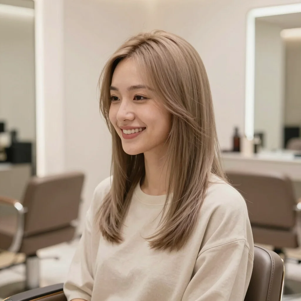 Client with a stunning new haircut and color, smiling, soft diffu